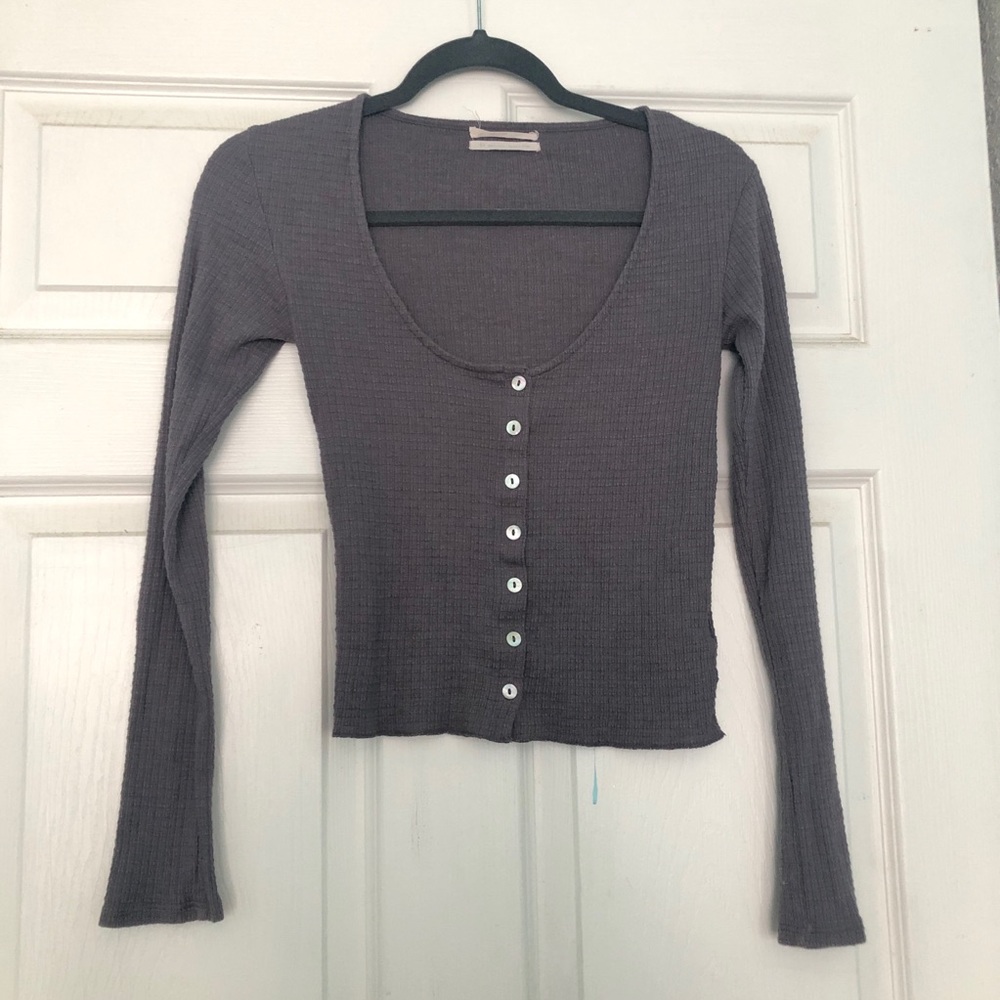 Women’s cropped top Waffle Knit Blouse Shirt Long Sleeve Gray size small